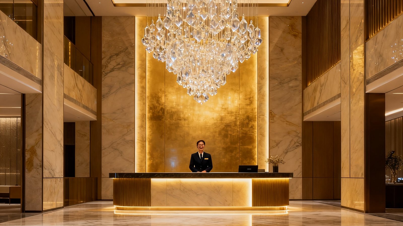GBTJT贵宾厅集团旗舰贵宾厅大堂内景，挑高空间中悬挂定制水晶吊灯，大理石地面倒映暖金色灯光，礼宾人员身着深色制服在接待台前微笑迎接宾客